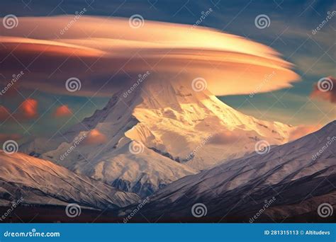 Dramatic Lenticular Clouds Hovering Above A Snow Capped Mountain Peak