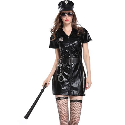 4 pcs women sexy erotic cop police costume leather mini dress handcuffs hat belt halloween