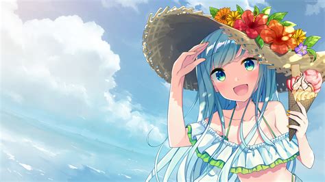 Anime Girl Character Wearing Sun Hat On Beach Hd Wallpaper Wallpaper