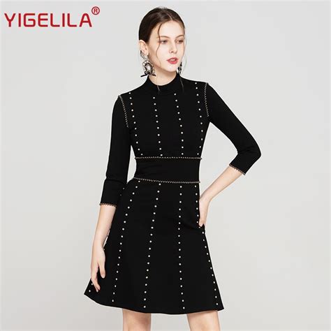 Yigelila Fashion Women Little Black Dress Autumn Stand