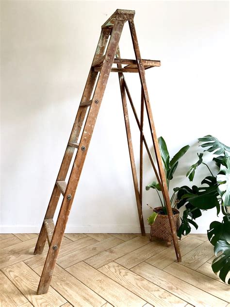 Antique Painters Ladder 5 Rung Wooden Rustic Stepping Ladder Solid