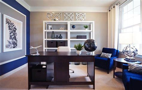 Beige Office With Royal Blue Accent Wall And Furniture Oficinas