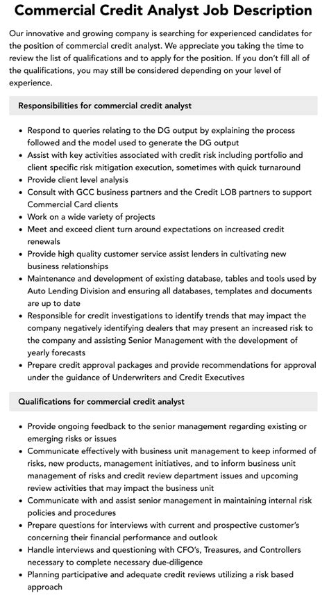 Commercial Credit Analyst Job Description Velvet Jobs