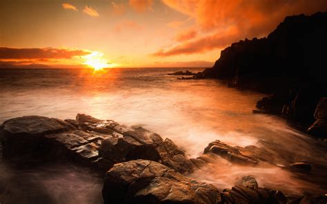 Sunset Sea Beach Rocks Stones Clouds Wallpaper Nature And