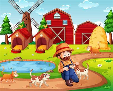 Free Vector Farm With Red Barn And Windmill Scene
