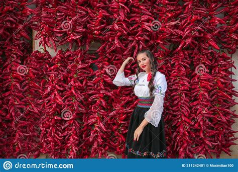 Young Woman Dressed On Traditional Serbian Balkan Clothing National Folk Costumeposing Near Of