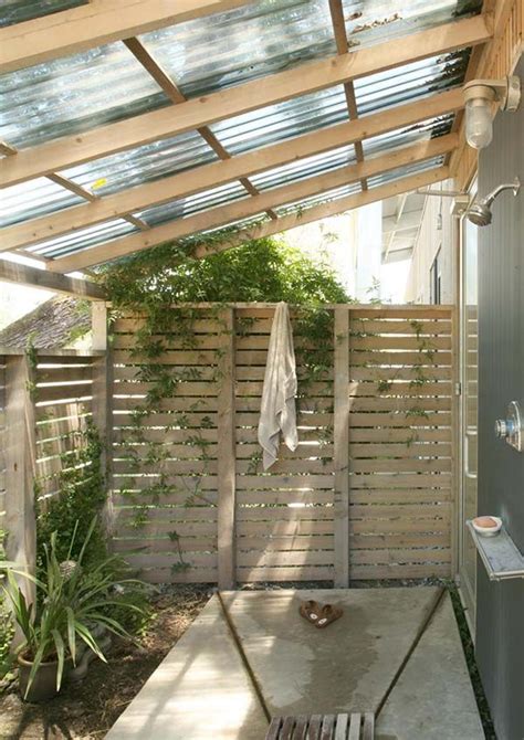 Polycarbonate Roof Shower Slat Privacy Fencing With Plantings Trough
