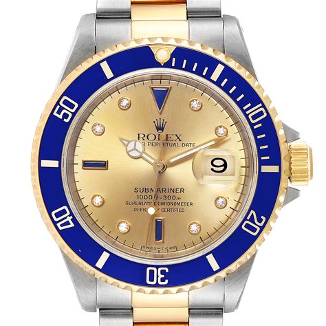 Rolex Submariner Steel Gold Diamond Sapphire Serti Dial Mens Watch