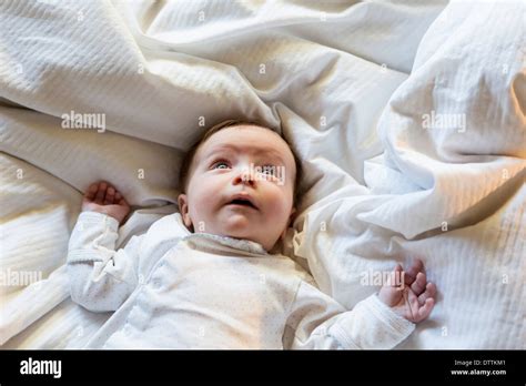 Caucasian Baby Boy Laying In Bed Stock Photo Alamy