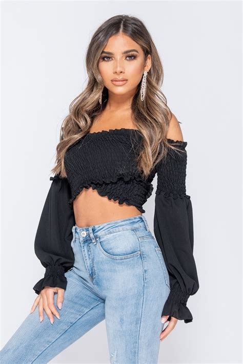 Check spelling or type a new query. Black Shirring Detail Long Sleeve Bardot Crop Top ...