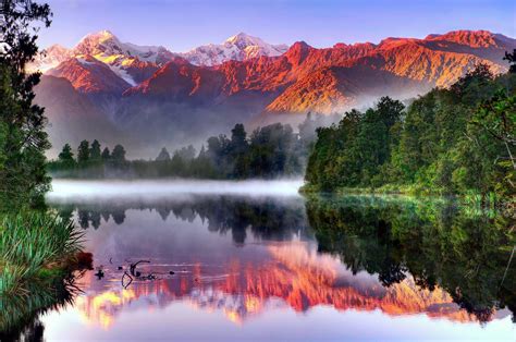 South Island New Zealand Landscape Reflection River Forest Fog Fiso