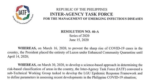 For outbound travelers, no restrictions from departing lgu even in mecq status. IATF Resolution No. 46-A on Community Quarantine ...