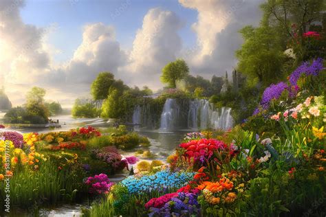 Paradise Garden Full Of Flowers Beautiful Idyllic Background With Many