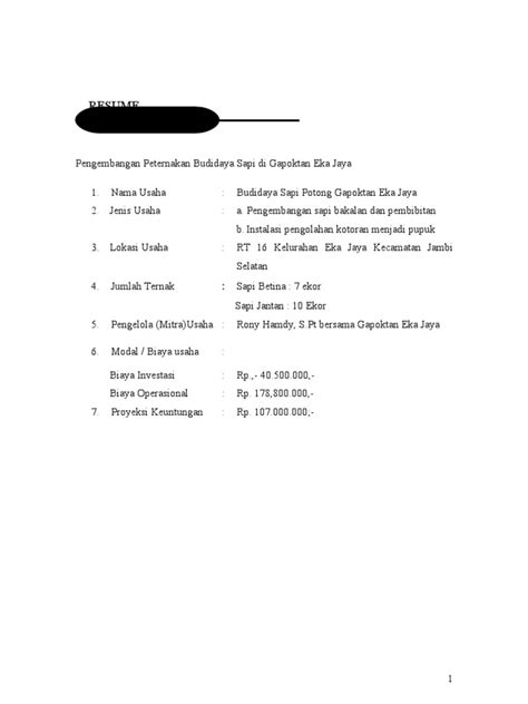Contoh surat perjanjian adanya kerjasama usaha perorangan tersebut ialah sebagai berikut. Proposal Usaha Ternak Sapi