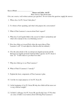 He wants to monitor romeo and see what romeo might be scheming to do. Romeo and Juliet Act IV Short Answer Open Book quiz and ...