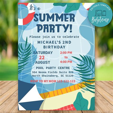 Editable Summer Party Birthday Invitations Instant Download