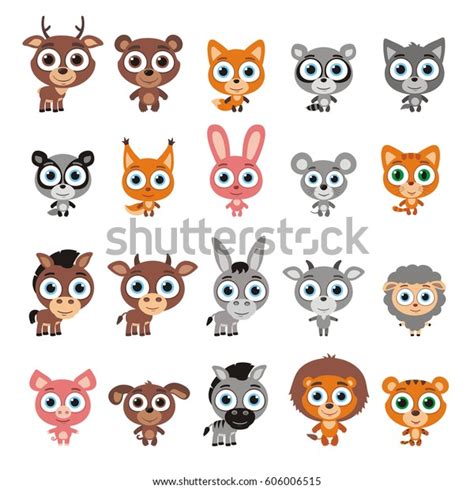 Set Cute Animals Big Eyes Cartoon Stock Vector Royalty Free 606006515