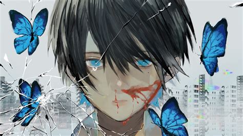Download 1920x1080 Anime Boy Shattered Emotions Butterflies Blue