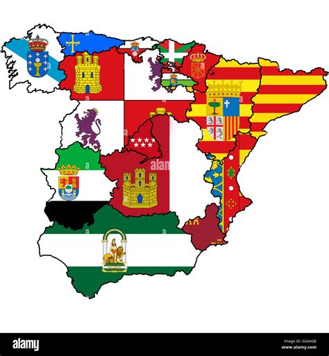 Administration Map Of Regions Of Spain With Flags And Emblems Stock