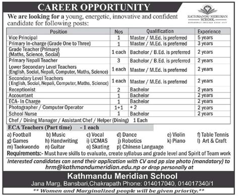 Primary Nepali Teacher Job Vacancy In Nepal Kathmandu Meridian School