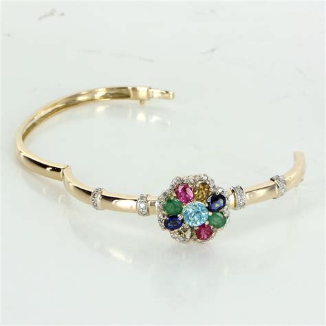 Rainbow Gemstone Diamond Bangle Bracelet Vintage 14 Karat Gold Estate