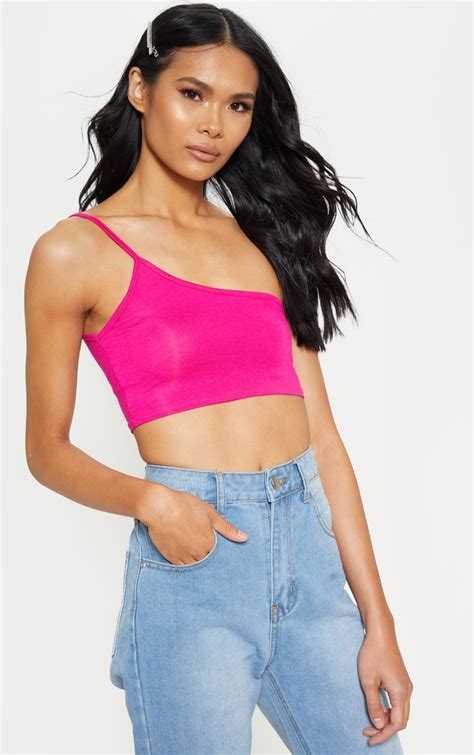 Basic Hot Pink One Shoulder Strappy Crop Top Prettylittlething