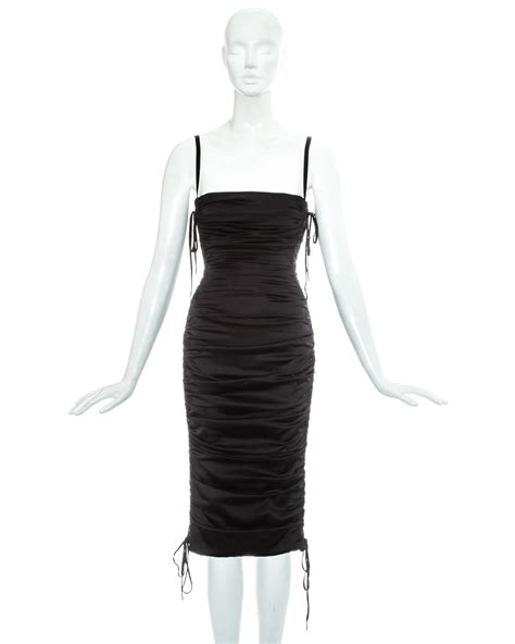 dolce and gabbana black ruched silk figure hugging lace up dress ss 2003 for sale at 1stdibs