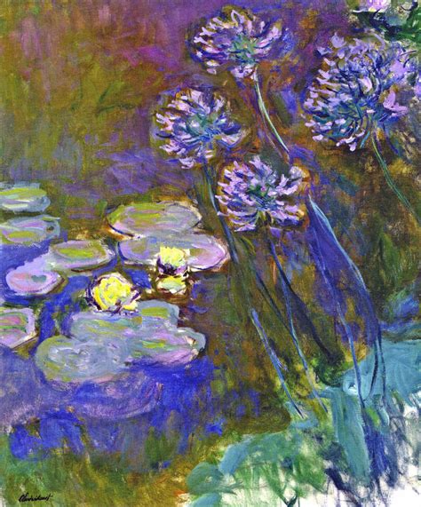 But, as with his other series paintings, monet only began the pictures outdoors, elaborating them over a period of months in his studio, taking special pains to adjust their light. Water Lilies and Agapanthus, 1914 - 1917 - Claude Monet ...
