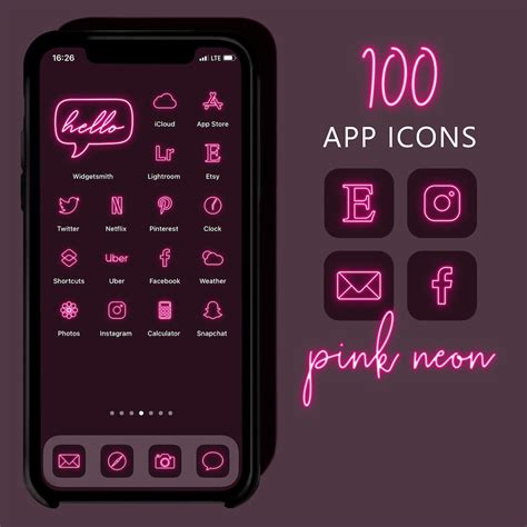 100 Pink Neon App Icons Neon Aesthetic Ios 14 Icons Iphone Etsy