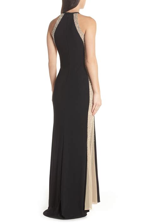 Xscape Beaded Sides Halter Gown In Black Nude Silver Black Lyst Free