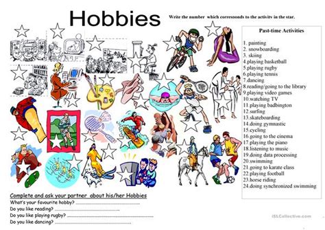 Hobbies : list with drawings worksheet - Free ESL ...