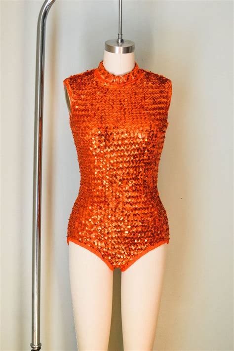 vintage sequin leotard orange dance bodysuit halloween costume showgirl outfit burlesque