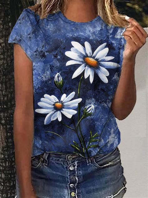 Crew Neck Short Sleeve Floral Print Casual Shirts And Tops Clothing