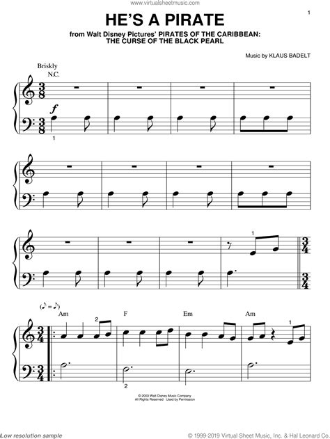 This arrangement is for a violin and with piano accompaniment. Badelt - He's A Pirate sheet music for piano solo (big note book)