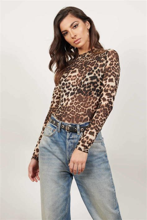 Tobi Bodysuits Womens Check Yourself Multi Mesh Leopard Print