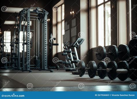 Fitness Gym Indoor Backgound, with Free Weights, Dumbbells, Treadmills