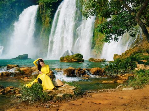 Wallpaper Yellow Dress Asian Girl Waterfalls Water Trees 3840x2160