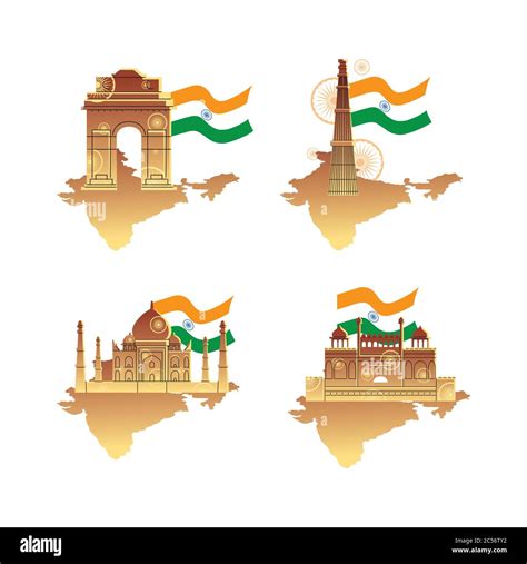 Landmarks Places With Flags Design India And Culture Theme Vector