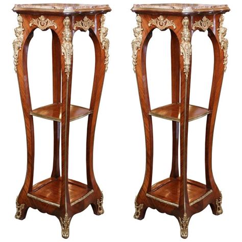 Pair Of Tall French Marble Top Pedestals With Ormolu Mounts And