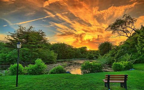 Beautiful Sunset Pond Lantern Bench Nature Sunset Sky Trees