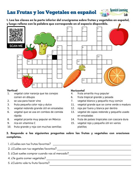 Las Frutas Y Los Vegetales En Español Crucigrama Pdf Spanish