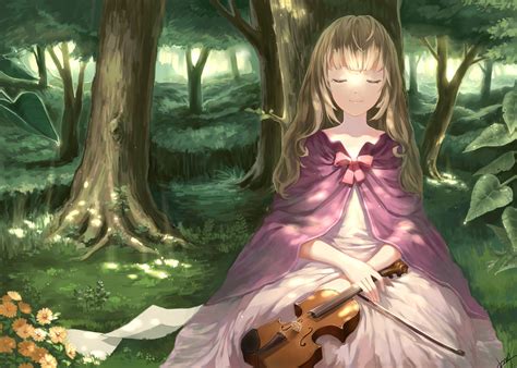 Violin Anime Girl Blonde Hair Forest Tree Flower Wallpaper