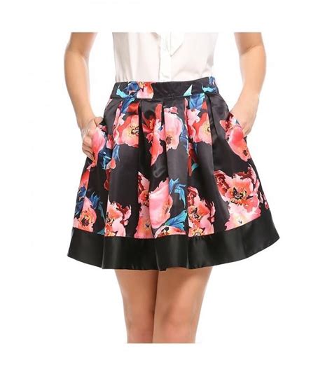 Women High Waisted Pleated Mini Floral Print Flared Pocket Swing