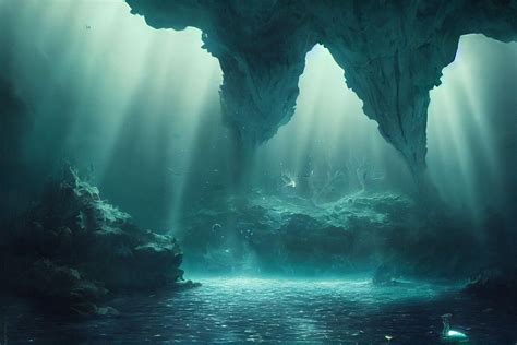 An Underwater Cave With Sunlight Streaming Through The Water