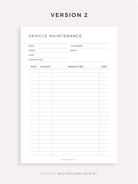 Vehicle Maintenance Log Book Vehicle Service Tracker Vehicle Etsy