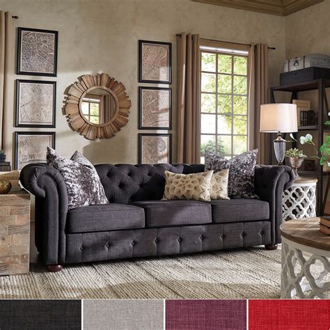 This collection is covered in a grey velvet with deep rhinestone tufting without affecting the comfort. Knightsbridge Tufted Scroll Arm Chesterfield Sofa by iNSPIRE Q Artisan (Dark Grey Velvet), Black ...