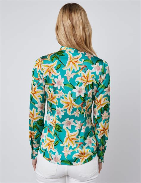 Womens Emerald Green Tropical Floral Fitted Satin Blouse Single Cuff Pussy Bow Hawes And Curtis