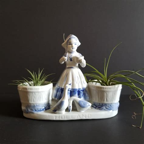 dutch girl figurine w blue and white ceramic planter vintage etsy