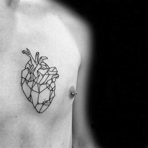 Guys Origami Black Ink Lines Heart Tattoo On Chest Tattoosformen