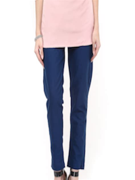 Buy Aks Women Navy Blue Solid Slim Fit Flat Front Trousers Trousers